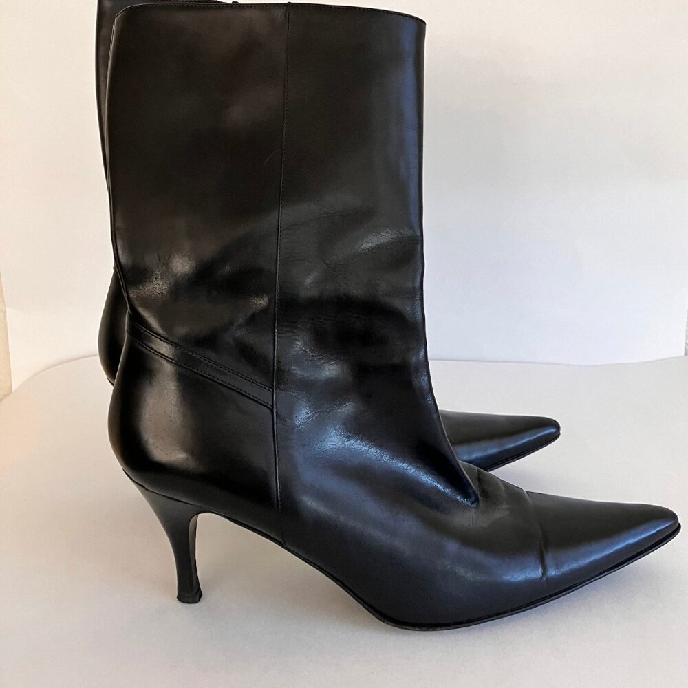 Black Leather Boots - Mid Calf Black High Heel Boots